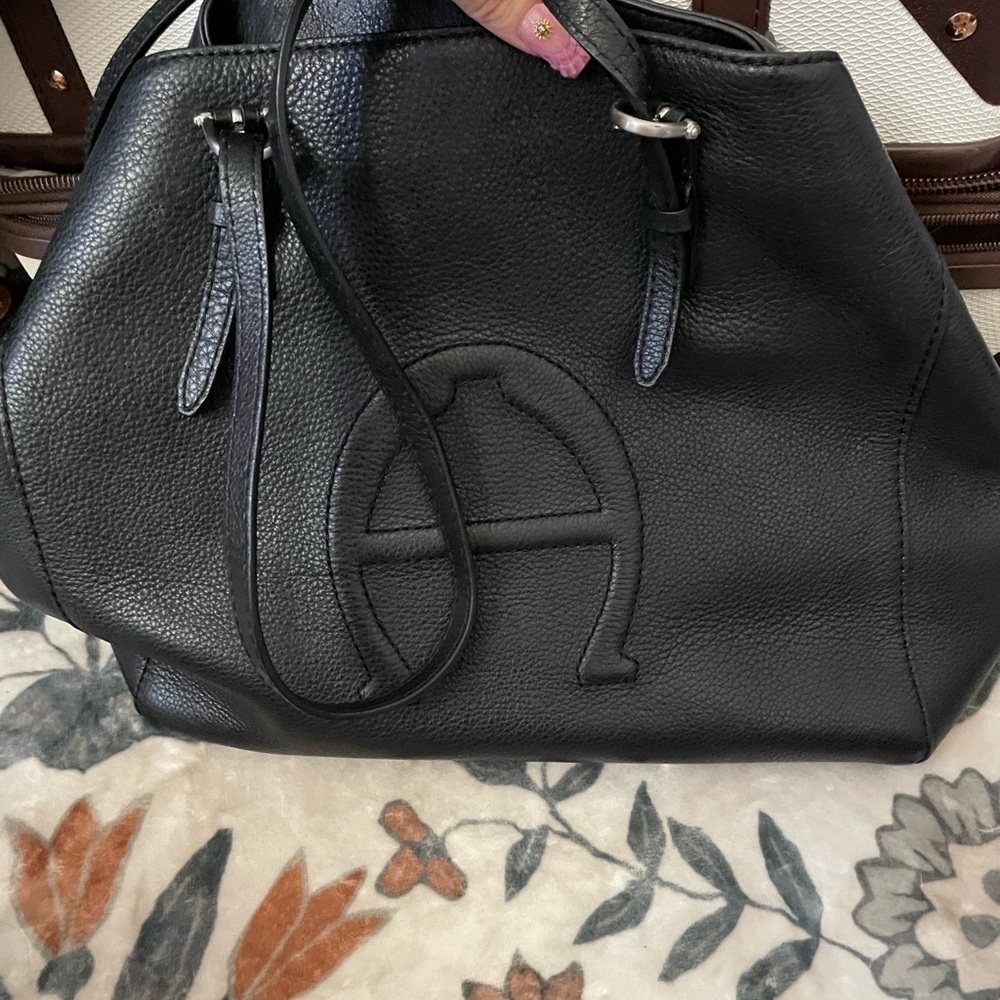 Etienne Aigner Black Pebbled Leather Logo Tote